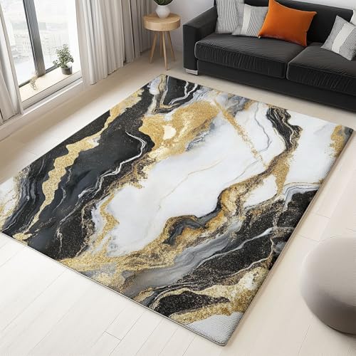 Teppich Rechteck Wohnzimmer Abstrakter geometrischer Marmor Design, mit Anti-Rutsch schmutzabweisend Geeignet Schwarz Gold, für Esszimmer, Schlafzimmer 120 x 170 cm von Generic