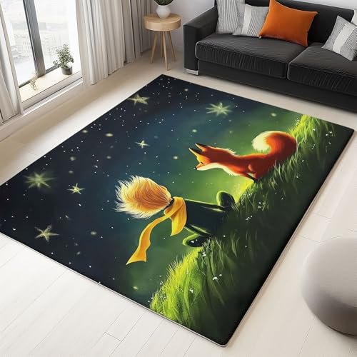 Teppich Rechteck Wohnzimmer Cartoon-Fuchs Sternenhimmel Design, mit Anti-Rutsch schmutzabweisend Geeignet Grün Gelb, für Esszimmer, Schlafzimmer 120 x 180 cm von Generic