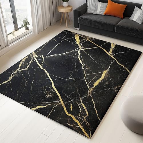 Teppich Rechteck Wohnzimmer Dunkel geäderte Marmorlinien Design, mit Anti-Rutsch schmutzabweisend Geeignet Schwarz Gold, für Esszimmer, Schlafzimmer 80 x 150 cm von Generic