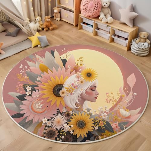 Teppich Rund, Innenbereich Teppich Weißhaarige Frau, 200 cm, Waschbar, rutschfest, Cartoon-Blumen, Für Wohnzimmer, Esszimmer, Schlafzimmer, Büro, Badezimmer, Rosa Teppich Rund, Innenbereich Teppich Weißhaarige Frau, 200 cm, Waschbar, rutschfest, Cartoon-Blumen, Für Wohnzimmer, Esszimmer, Schlafzimmer, Büro, Badezimmer, Rosa von Generic