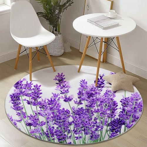 Teppich Rund 100 cm, Blumen Lavendel Fotografie Muster Runder Kurzflor Teppiche für Wohnzimmer Schlafzimmer Küchen, Weiß rutschfest Waschbar Couchtisch-Matten von Generic