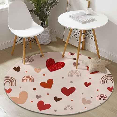 Teppich Rund 100 cm, Einfach Herzform Regenbogen Muster Runder Kurzflor Teppiche für Wohnzimmer Schlafzimmer Küchen, Hellrosa rutschfest Waschbar Couchtisch-Matten von Generic