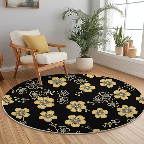 Teppich Rund 100 cm, Elegant Kirschblüten Minimalistisch Bedrucktes Design, Gold Schwarz Weich und Flauschig Teppiche, rutschfest Waschbar Teppich Geeignet für Wohnzimmer Schlafzimmer von Generic