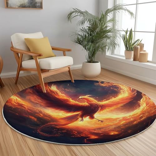 Teppich Rund 100 cm, Fantasie Flamme Phönix Bedrucktes Design, Bunt Weich und Flauschig Teppiche, rutschfest Waschbar Teppich Geeignet für Wohnzimmer Schlafzimmer Teppich Rund 100 cm, Fantasie Flamme Phönix Bedrucktes Design, Bunt Weich und Flauschig Teppiche, rutschfest Waschbar Teppich Geeignet für Wohnzimmer Schlafzimmer von Generic