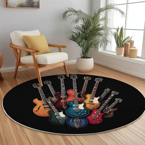 Teppich Rund 100 cm, Nahaufnahme Gitarre Musikinstrument Bedrucktes Design, Bunt Weich und Flauschig Teppiche, rutschfest Waschbar Teppich Geeignet für Wohnzimmer Schlafzimmer von Generic