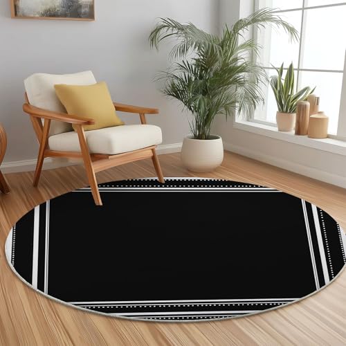 Teppich Rund 100 cm, Schlicht Rahmen Linien Bedrucktes Design, Schwarz Weiß Weich und Flauschig Teppiche, rutschfest Waschbar Teppich Geeignet für Wohnzimmer Schlafzimmer von Generic