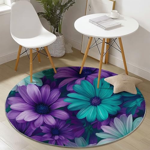 Teppich Rund 100 cm, Surrealismus Blumen Gänseblümchen Muster Runder Kurzflor Teppiche für Wohnzimmer Schlafzimmer Küchen, Lila Blau rutschfest Waschbar Couchtisch-Matten von Generic