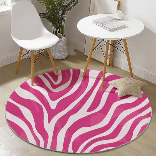 Teppich Rund 120 cm, Camouflage Zebra Streifen Muster Runder Kurzflor Teppiche für Wohnzimmer Schlafzimmer Küchen, Rosa Weiß rutschfest Waschbar Couchtisch-Matten von Generic