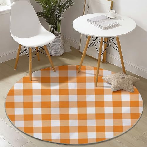 Teppich Rund 120 cm, Einfache Karierte Streifen Muster Runder Kurzflor Teppiche für Wohnzimmer Schlafzimmer Küchen, Orange Farbe rutschfest Waschbar Couchtisch-Matten von Generic