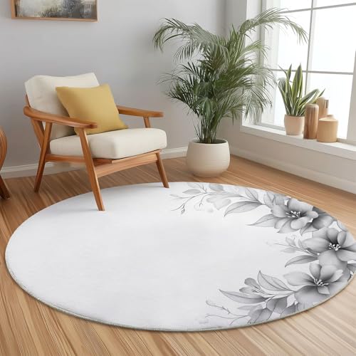 Teppich Rund 120 cm, Elegant Blumen Blätter Bedrucktes Design, Grau Weiß Weich und Flauschig Teppiche, rutschfest Waschbar Teppich Geeignet für Wohnzimmer Schlafzimmer von Generic