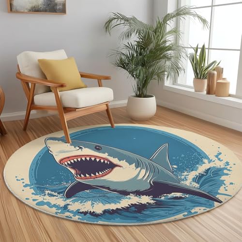 Teppich Rund 120 cm Teppich Wohnzimmer Bunt Waschbarer Retro Hai Meereswellen Kreis Teppiche Schlafzimmer Teppiche Kurzflor für Wohnzimmer Schlafzimmer Esszimmer Teppich Rund 120 cm Teppich Wohnzimmer Bunt Waschbarer Retro Hai Meereswellen Kreis Teppiche Schlafzimmer Teppiche Kurzflor für Wohnzimmer Schlafzimmer Esszimmer von Generic