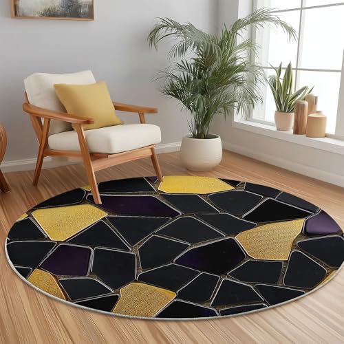 Teppich Rund 120 cm Waschbare Teppiche Fragmente Geometrie Patchwork-Muster Bedruckter Runder Teppiche rutschfest Carpet, Gold Schwarz Teppich Schlafzimmer Kinderzimmer von Generic