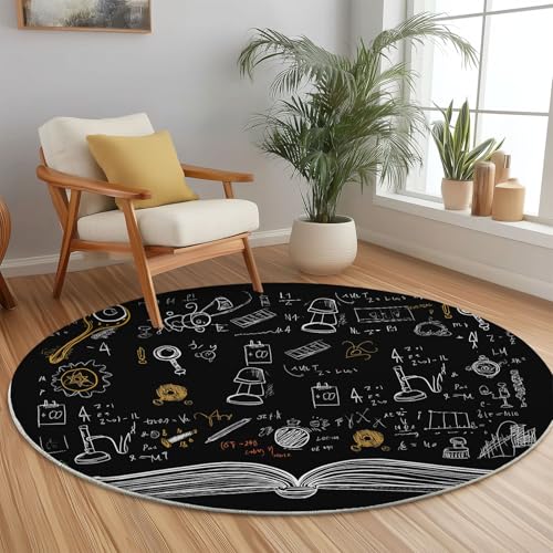 Teppich Rund 140 cm, Kritzeleien Wissenschaft Buch Alphabet Bedrucktes Design, Schwarz Weiß Weich und Flauschig Teppiche, rutschfest Waschbar Teppich Geeignet für Wohnzimmer Schlafzimmer von Generic