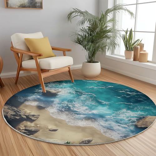 Teppich Rund 140 cm Teppich Wohnzimmer Bunt Waschbarer Natur Felsen Wellen Strand Teppiche Schlafzimmer Teppiche Kurzflor für Wohnzimmer Schlafzimmer Esszimmer von Generic