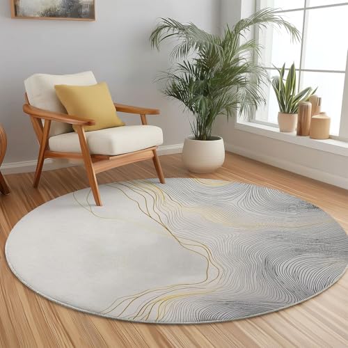 Teppich Rund 140 cm Teppich Wohnzimmer Grau Gold Waschbarer Elegant Linien Minimalistisch Textur Teppiche Schlafzimmer Teppiche Kurzflor für Wohnzimmer Schlafzimmer Esszimmer von Generic