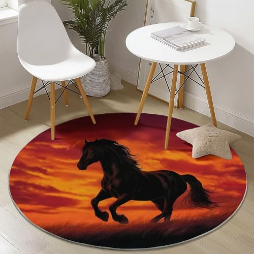 Teppich Rund 150 cm, Tiere Schwarzes Pferd Wiese Muster Runder Kurzflor Teppiche für Wohnzimmer Schlafzimmer Küchen, Dunkelrot rutschfest Waschbar Couchtisch-Matten von Generic