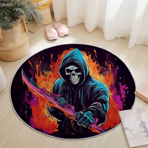 Teppich Rund 150 cm Cool Totenkopf Flamme Bunt – Rutschfester Kurzflor Teppich Für Wohnzimmer Schlafzimmer Kinderzimmer Büro Spielzimmer Waschbar Modern Dekorativ Weich von Generic