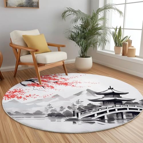 Teppich Rund 150 cm Japanischer Stil Pavillon Blumen Rot – Rutschfester Kurzflor Teppich Für Wohnzimmer Schlafzimmer Kinderzimmer Büro Spielzimmer Waschbar Modern Dekorativ Weich von Generic