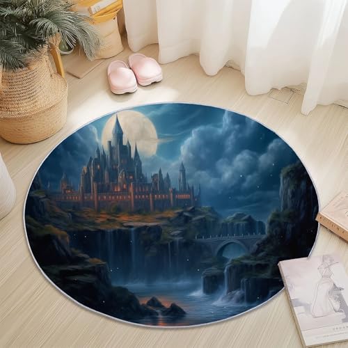 Teppich Rund 160 cm, Kurzflor Waschbar Anti Rutsch Fantasy Mond Schloss Wasserfall Drucke Weich Runder Teppich für Schlafzimmer Kinderzimmer Wohnzimmer Esszimmer, Dunkelblau Schwarz von Generic