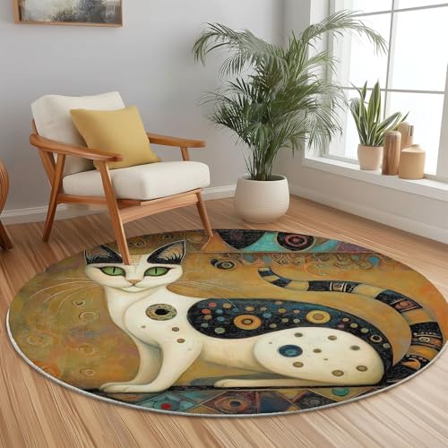 Teppich Rund 180 cm, Ölgemälde Katze Tribal-Stil Textur Bedrucktes Design, Bunt Weich und Flauschig Teppiche, rutschfest Waschbar Teppich Geeignet für Wohnzimmer Schlafzimmer von Generic