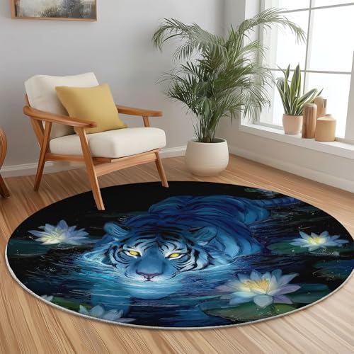 Teppich Rund 180 cm Natur Tiger Seerose Blau rutschfest Teppiche Runder Waschbar Rund Teppiche Kurzflor Weich Runder Teppich for Wohnzimmer Schlafzimmer Kinderzimmer Teppich Rund 180 cm Natur Tiger Seerose Blau rutschfest Teppiche Runder Waschbar Rund Teppiche Kurzflor Weich Runder Teppich for Wohnzimmer Schlafzimmer Kinderzimmer von Generic
