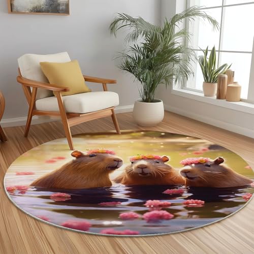 Teppich Rund 180 cm Niedliche Capybara-Blumen Braun rutschfest Teppiche Runder Waschbar Rund Teppiche Kurzflor Weich Runder Teppich for Wohnzimmer Schlafzimmer Kinderzimmer Teppich Rund 180 cm Niedliche Capybara-Blumen Braun rutschfest Teppiche Runder Waschbar Rund Teppiche Kurzflor Weich Runder Teppich for Wohnzimmer Schlafzimmer Kinderzimmer von Generic
