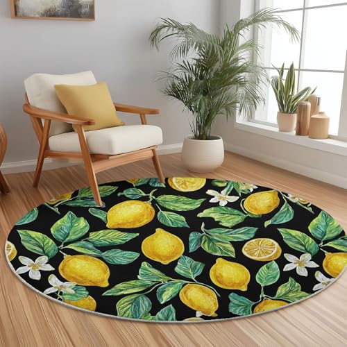 Teppich Rund 180 cm Obst Zitrone Blätter Gelb rutschfest Teppiche Runder Waschbar Rund Teppiche Kurzflor Weich Runder Teppich for Wohnzimmer Schlafzimmer Kinderzimmer von Generic