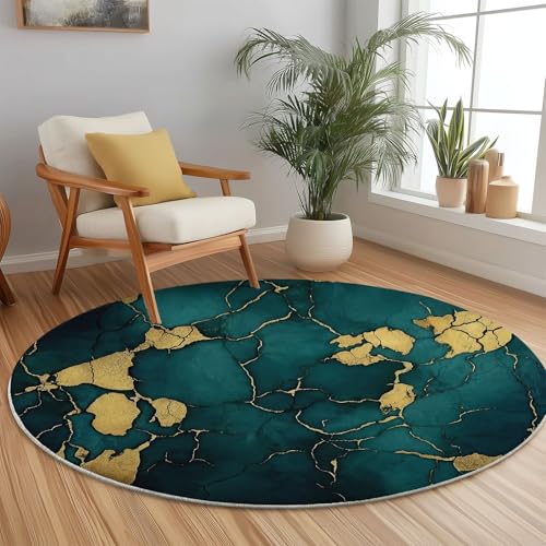 Teppich Rund 200 cm rutschfest Teppiche Runder Altmodisch Modern Rissig Textur Niedrigflor Waschbar Kurzflor Weich Runder Teppich for Wohnzimmer Schlafzimmer Studie Heimbüro, Grün Gold von Generic