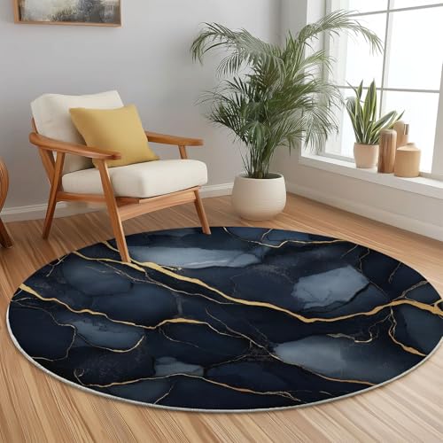 Teppich Rund 200 cm rutschfest Teppiche Runder Marmor Textur Adern Abstrakt Niedrigflor Waschbar Kurzflor Weich Runder Teppich for Wohnzimmer Schlafzimmer Studie Heimbüro, Dunkelblau Gold von Generic