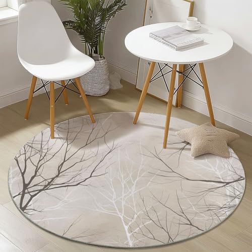 Teppich Rund 60 cm, Modern Textur Abstrakt Zweig Bedrucktes Design, Weiß Grau Weich und Flauschig Teppiche, rutschfest Waschbar Teppich Geeignet für Wohnzimmer Schlafzimmer von Generic