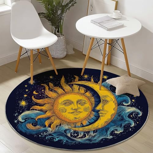Teppich Rund 60 cm, Retro Sonne Mond Muster Runder Kurzflor Teppiche für Wohnzimmer Schlafzimmer Küchen, Dunkelblau rutschfest Waschbar Couchtisch-Matten Teppich Rund 60 cm, Retro Sonne Mond Muster Runder Kurzflor Teppiche für Wohnzimmer Schlafzimmer Küchen, Dunkelblau rutschfest Waschbar Couchtisch-Matten von Generic