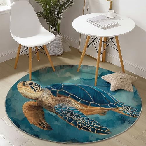 Teppich Rund 60 cm, Tiere Schildkröten Ölgemälde Muster Runder Kurzflor Teppiche für Wohnzimmer Schlafzimmer Küchen, Blaugrün rutschfest Waschbar Couchtisch-Matten von Generic