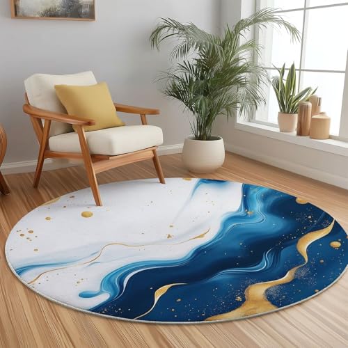 Teppich Rund 60 cm Waschbare Teppiche Fließend Textur Modern Marmor Bedruckter Runder Teppiche rutschfest Carpet, Blau Gold Teppich Schlafzimmer Kinderzimmer von Generic