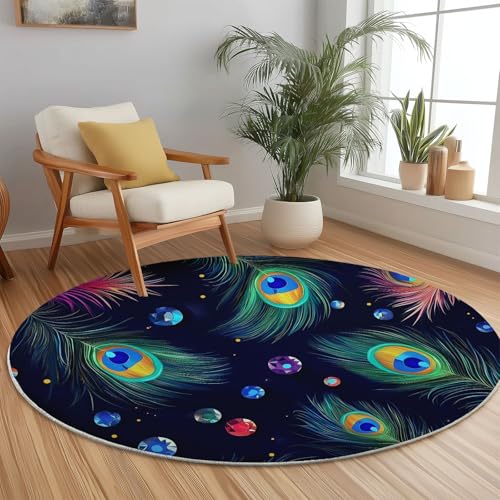 Teppich Rund 80 cm, 3D Federn Edelsteine Textur Bedrucktes Design, Bunt Weich und Flauschig Teppiche, rutschfest Waschbar Teppich Geeignet für Wohnzimmer Schlafzimmer von Generic