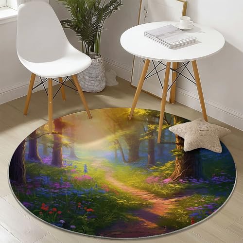Teppich Rund 80 cm, Fantasy Blumen Waldweg Bedrucktes Design, Bunt Weich und Flauschig Teppiche, rutschfest Waschbar Teppich Geeignet für Wohnzimmer Schlafzimmer von Generic
