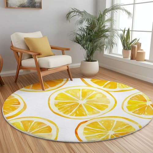 Teppich Rund 80 cm, Kurzflor Waschbar Anti Rutsch Zitrone Aquarell Fruchtscheibe Drucke Weich Runder Teppich für Schlafzimmer Kinderzimmer Wohnzimmer Esszimmer, Gelb Orange von Generic