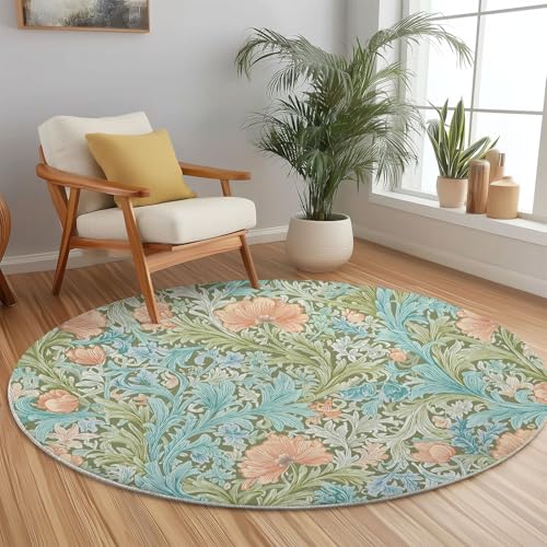 Teppich Rund 80 cm, William Morris Textur Vintage Blumen Bedrucktes Design, Bunt Weich und Flauschig Teppiche, rutschfest Waschbar Teppich Geeignet für Wohnzimmer Schlafzimmer von Generic