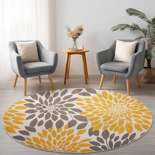 Teppich Rund 80 cm Waschbare Teppiche Abstrakt Geometrisch Floral Bedruckter Runder Teppiche rutschfest Carpet, Gelb Grau Teppich Schlafzimmer Kinderzimmer von Generic