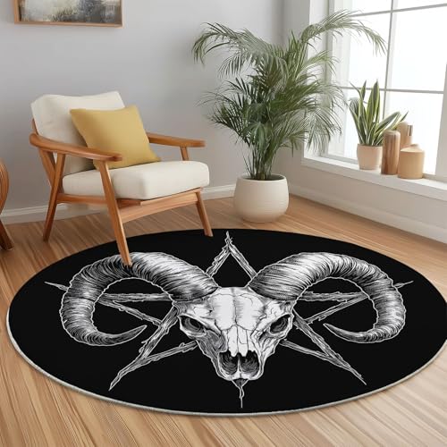 Teppich Rund 80 cm Waschbare Teppiche Schafschädel Gothic Okkultes Symbol Bedruckter Runder Teppiche rutschfest Carpet, Weiß Schwarz Teppich Schlafzimmer Kinderzimmer Teppich Rund 80 cm Waschbare Teppiche Schafschädel Gothic Okkultes Symbol Bedruckter Runder Teppiche rutschfest Carpet, Weiß Schwarz Teppich Schlafzimmer Kinderzimmer von Generic