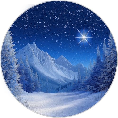 Teppich Rund 90 cm, Weich und Flauschig Dunkelblau Teppich Kreis, rutschfest Waschbar Natur Schnee Wald Sterne Bedruckt Bodenteppich Wohnzimmer Schlafzimmer von Generic