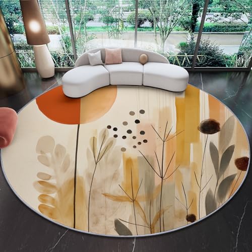 Teppich Rund Abstrakte Pflanzen Kunst Warm Bedruckter 180 cm (Round) Anti-Rutsch Unterseite, Weich Kurzflor, FüR Wohnzimmer Schlafzimmer, Kinderzimmer Beige Orange von Generic