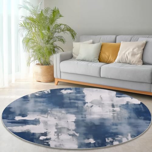 Teppich Rund Aquarell Abstrakte Natur Bedruckter 180 cm (Round) Anti-Rutsch Unterseite, Weich Kurzflor, FüR Wohnzimmer Schlafzimmer, Kinderzimmer Blau Weiß von Generic