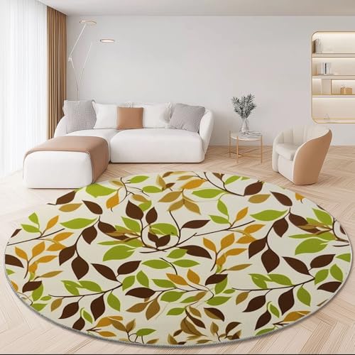 Teppich Rund Blätter Zweige Natur Kurzflor 180 cm (Round) Waschbar,Anti Rutsch,Wohnzimmerteppich Flauschig Weich Teppich für Schlafzimmer Heimbüro Dekor Grün Braun von Generic