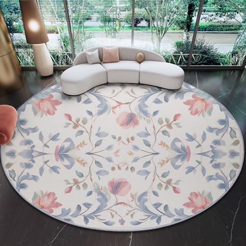 Teppich Rund Blumen Aquarell Frisch Bedruckter 100 cm (Round) Anti-Rutsch Unterseite, Weich Kurzflor, FüR Wohnzimmer Schlafzimmer, Kinderzimmer Blau Rosa von Generic