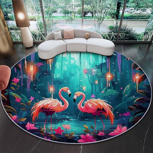 Teppich Rund Flamingos Wald Traum Natur Bedruckter 180 cm (Round) Anti-Rutsch Unterseite, Weich Kurzflor, FüR Wohnzimmer Schlafzimmer, Kinderzimmer Grau Blau Pfirsich Rosa von Generic