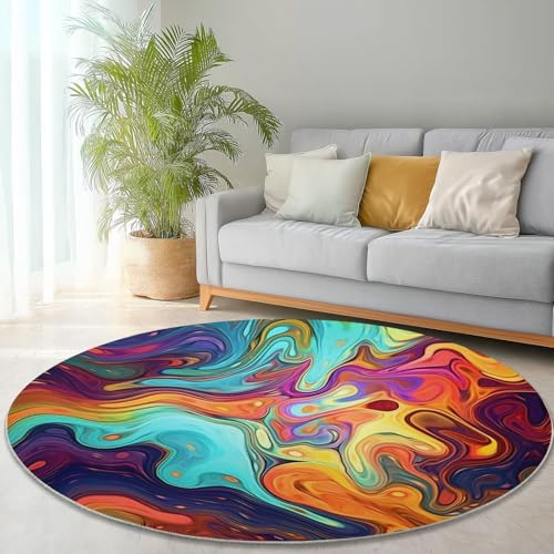 Teppich Rund Fluid Art Bunte Kunst Bedruckter 120 cm (Round) Anti-Rutsch Unterseite, Weich Kurzflor, FüR Wohnzimmer Schlafzimmer, Kinderzimmer Mehrfarbig Blau von Generic