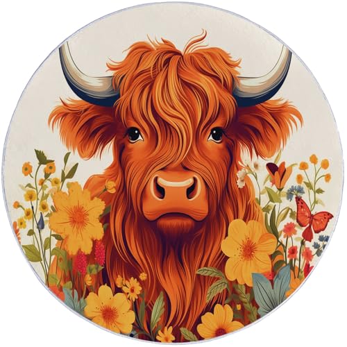 Teppich Rund Highland Cattle Blumen Landschaft Bedruckter 150 cm (Round) Anti-Rutsch Unterseite, Weich Kurzflor, FüR Wohnzimmer Schlafzimmer, Kinderzimmer Orange Gelb von Generic