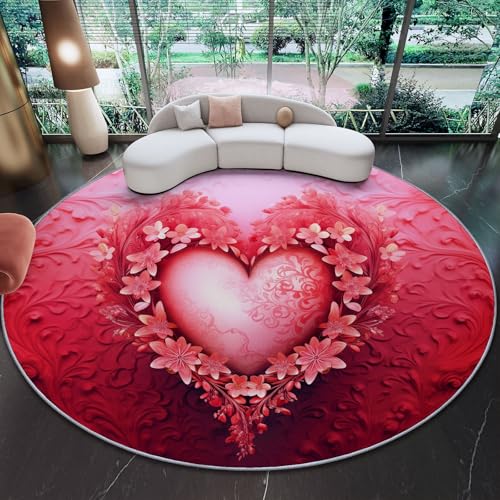 Teppich Rund Liebe Blumen Romantik Wärme Bedruckter 120 cm (Round) Anti-Rutsch Unterseite, Weich Kurzflor, FüR Wohnzimmer Schlafzimmer, Kinderzimmer Pfirsichrosa von Generic