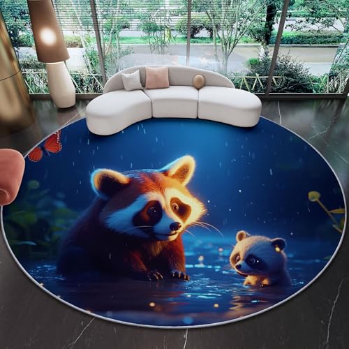 Teppich Rund Roter Panda Schmetterling Niedlich Natur Kurzflor 180 cm (Round) Waschbar,Anti Rutsch,Wohnzimmerteppich Flauschig Weich Teppich für Schlafzimmer Heimbüro Dekor Grau Blau von Generic