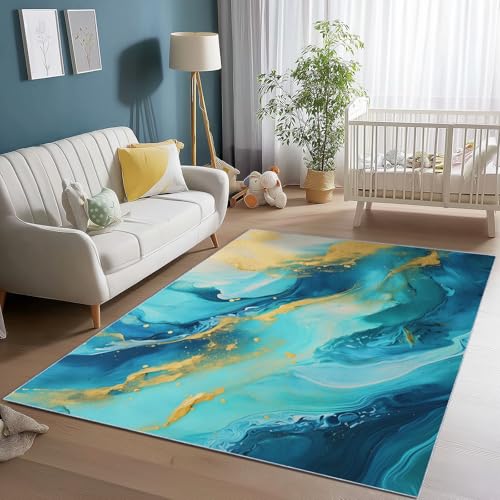 Teppich Schlafzimmer Kurzflor 160 x 230 cm Wohnzimmer Rechteck rutschfeste Teppich, Abstrakt Wirbel Marmoriert Muster Dekoration Carpets, Weich Flauschiger Waschbar Teppiche - Cyan Gelb Teppich Schlafzimmer Kurzflor 160 x 230 cm Wohnzimmer Rechteck rutschfeste Teppich, Abstrakt Wirbel Marmoriert Muster Dekoration Carpets, Weich Flauschiger Waschbar Teppiche - Cyan Gelb von Generic